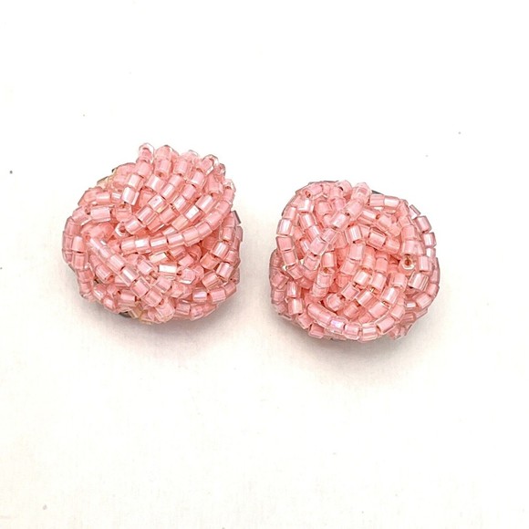 Vintage Womens Beaded Chunky Cluster Clip On Statement Earrings Pink - Picture 1 of 6